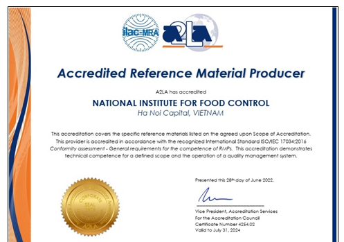 Viện Kiểm nghiệm an toàn vệ sinh thực phẩm Quốc gia  được công nhận hoạt động sản xuất mẫu chuẩn, chuẩn chứng nhận  bởi Hiệp hội công nhận phòng thí nghiệm Hoa kỳ (A2LA)