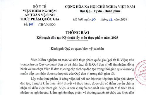 Kế hoạch đào tạo Kỹ thuật lấy mẫu thực phẩm năm 2025