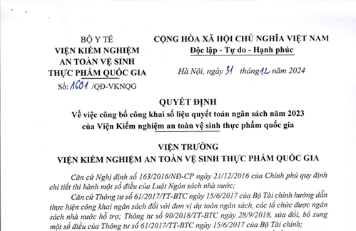 Công khai số liệu quyết toán ngân sách năm 2023 của Viện kiểm nghiệm an toàn vệ sinh thực phẩm quốc gia