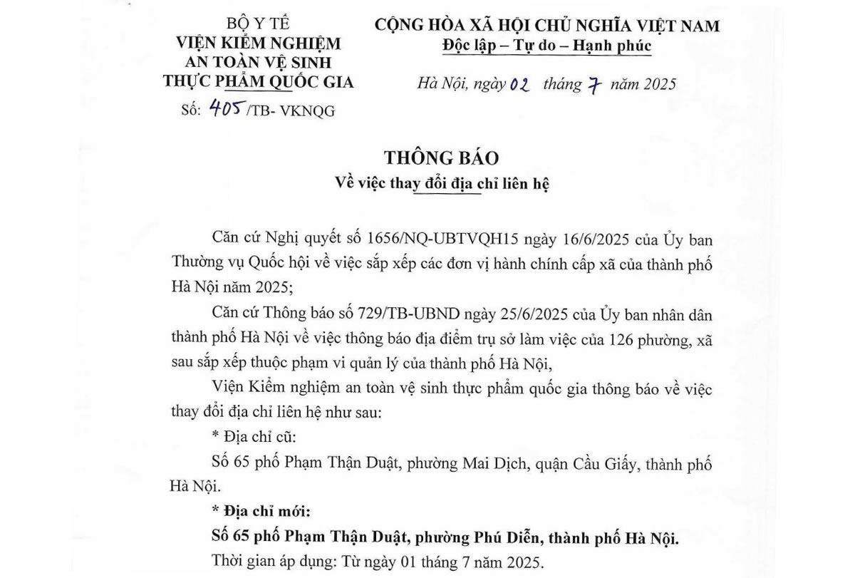 Viện Kiểm nghiệm an toàn vệ sinh thực phẩm quốc gia thông báo về việc thay đổi địa chỉ liên hệ