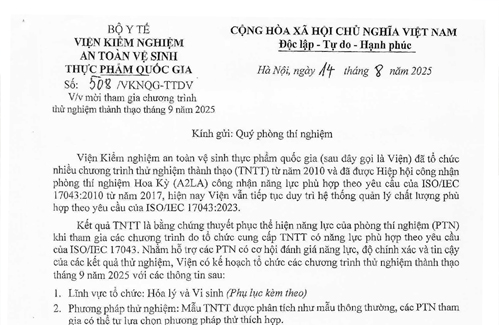 Thư mời tham gia chương trình  thử nghiệm thành thạo  tháng 9 năm 2025