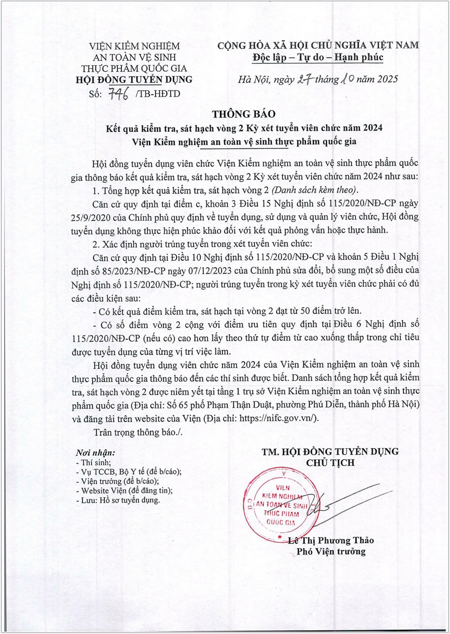 Thông báo Kết quả kiểm tra, sát hạch vòng 2 Kỳ xét tuyển viên chức năm 2024