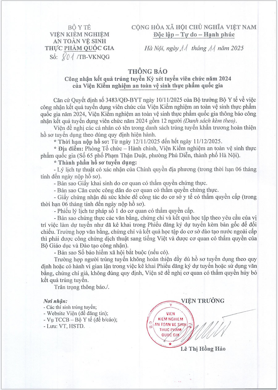 Thông báo công nhận kết quả trúng tuyển Kỳ xét tuyển viên chức năm 2024-1