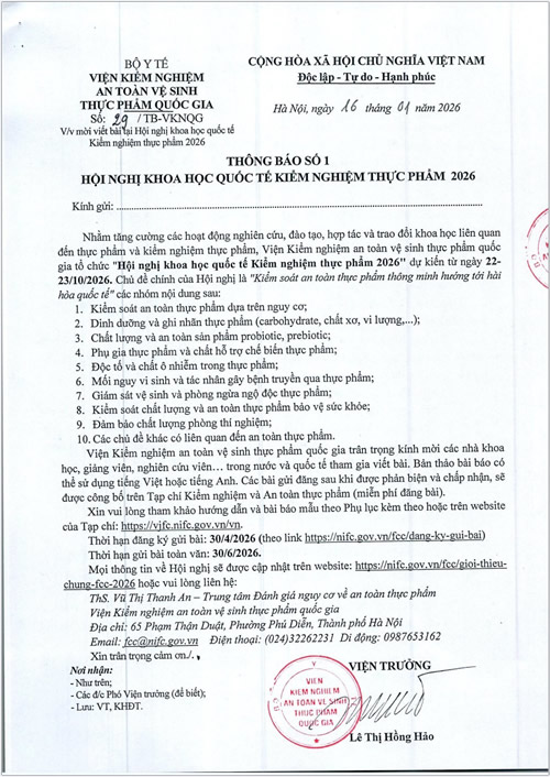 Thông báo 1 - Hội nghị khoa học Kiểm nghiệm thực phẩm 2024 (FCC 2024)