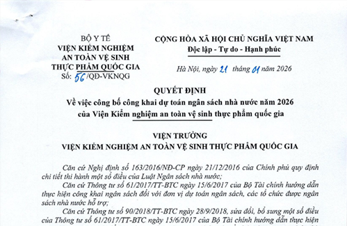 Quyết định về việc công bố công khai dự toán ngân sách nhà nước năm 2026 của Viện Kiểm nghiệm an toàn vệ sinh thực phẩm quốc gia