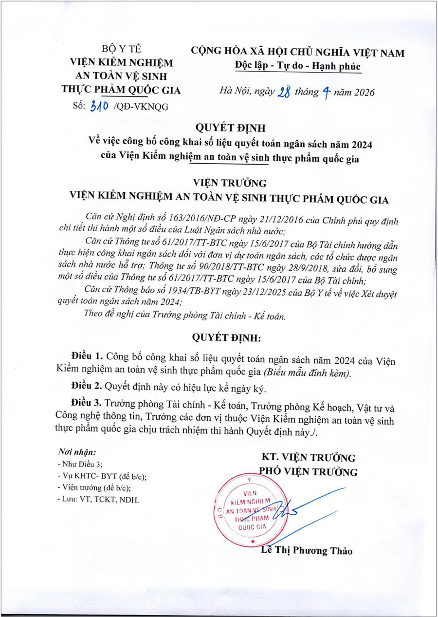 Quyết định về việc công bố công khai số liệu quyết toán ngân sách năm 2024 của Viện Kiểm nghiệm an toàn vệ sinh thực phẩm quốc gia