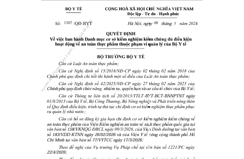 Quyết định chỉ định cơ sở kiểm nghiệm kiểm chứng về an toàn thực phẩm thuộc phạm vi quản lý của Bộ Y tế
