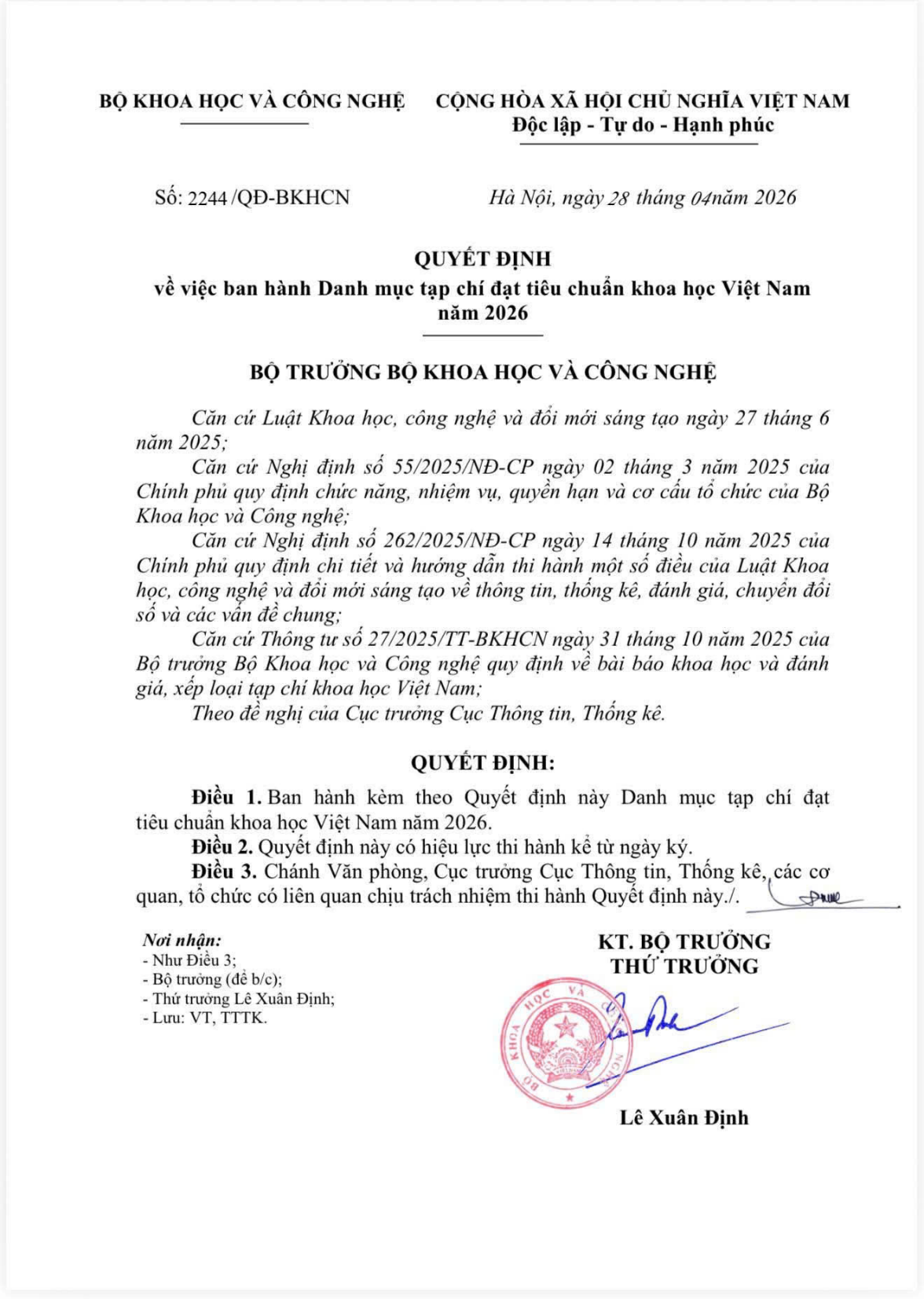 Tạp chí Kiểm nghiệm và An toàn thực phẩm được công nhận Tạp chí đạt Tiêu chuẩn khoa học Việt Nam năm 2026-1